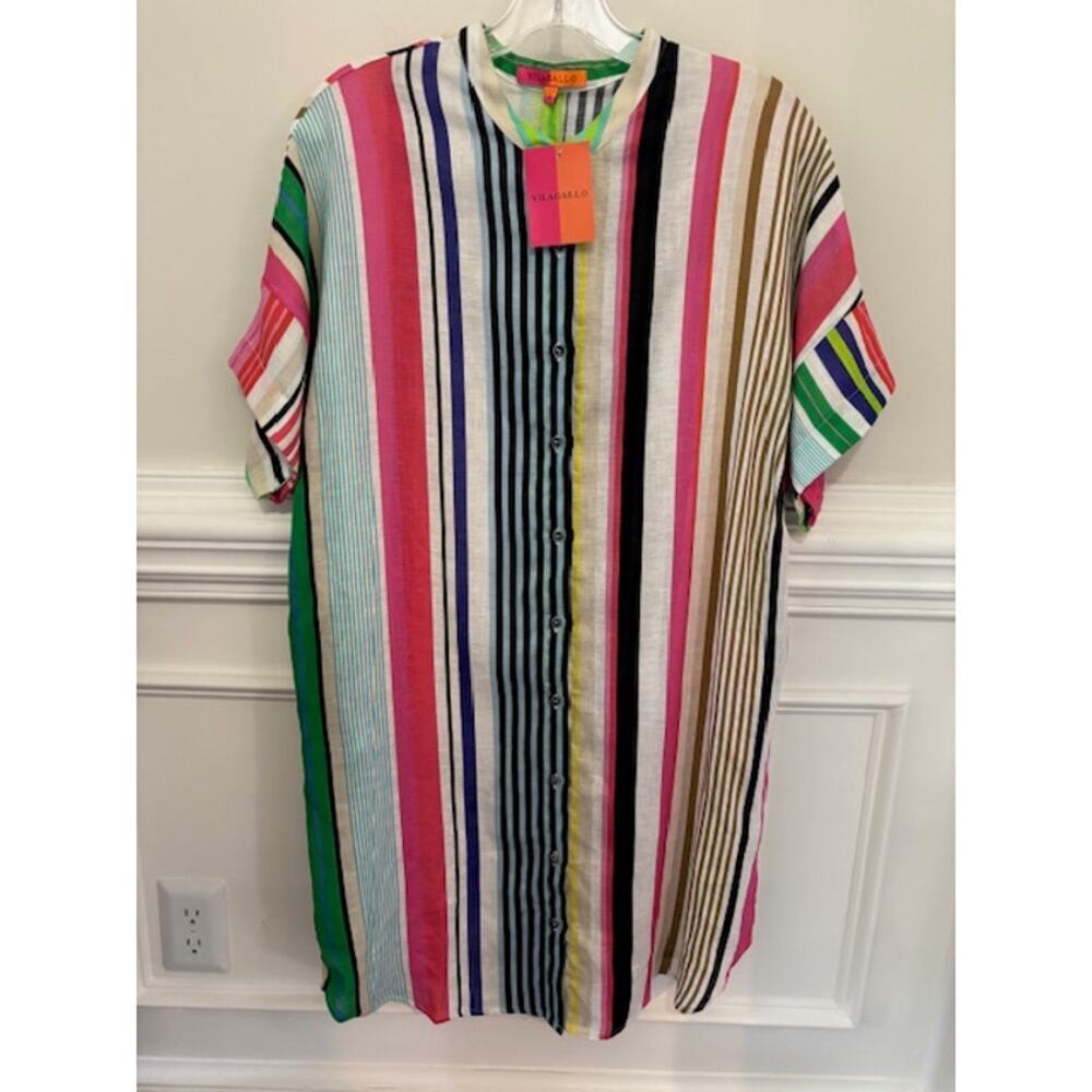 VILAGALLO Harper Dress Short Sleeve Linen Button Front Stripe Large Casual NWT